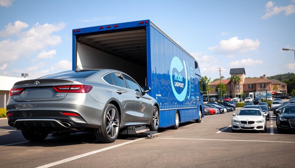 A sunny day in Westland, Michigan, showcasing a busy car transport scene. In the foreground, a sleek, modern car is being loaded onto an enclosed auto transport truck, emphasizing the professionalism and care in car shipping. The middle ground features the transport truck, painted in a vibrant blue with clear branding, parked beside a large parking lot filled with additional vehicles ready for shipping. In the background, the bustling cityscape of Westland is visible, with recognizable landmarks like storefronts and residential homes. The atmosphere is organized yet dynamic, with soft, natural lighting enhancing the scene. The composition captures the essence of auto transport logistics while creating a sense of trust and efficiency in the industry. The angle is slightly elevated, providing a comprehensive view of the operation. The image is clear of any text or markings, focusing solely on the car transport theme.