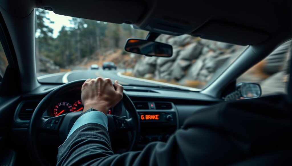 A tense scene showing a distressed driver inside a car, gripping the steering wheel with a worried expression while driving down a winding road. The foreground features the driver, dressed in a smart casual outfit, their knuckles white from pressure. In the middle ground, the car’s dashboard displays warning lights indicating brake failure, creating a sense of urgency. The background shows blurred scenery of trees and a rocky landscape, emphasizing the speed and potential danger. Dramatic lighting casts shadows in the car, suggesting impending trouble, while the mood is tense and anxious, reflecting the uncertainty of driving with compromised brakes. The angle captures the interior of the car, giving a close-up view of the driver's reaction to the situation. A tense scene showing a distressed driver inside a car, gripping the steering wheel with a worried expression while driving down a winding road. The foreground features the driver, dressed in a smart casual outfit, their knuckles white from pressure. In the middle ground, the car’s dashboard displays warning lights indicating brake failure, creating a sense of urgency. The background shows blurred scenery of trees and a rocky landscape, emphasizing the speed and potential danger. Dramatic lighting casts shadows in the car, suggesting impending trouble, while the mood is tense and anxious, reflecting the uncertainty of driving with compromised brakes. The angle captures the interior of the car, giving a close-up view of the driver's reaction to the situation.