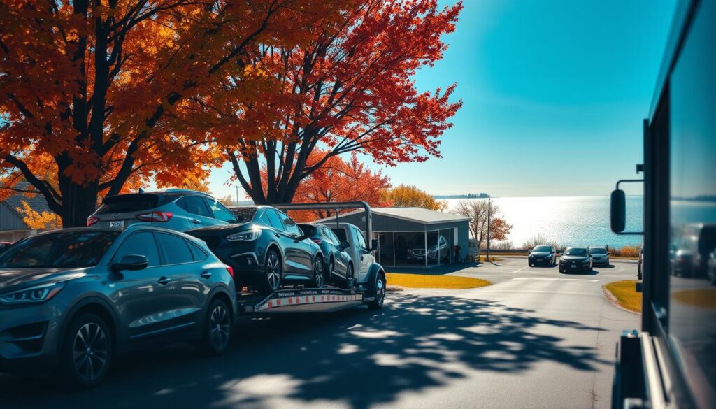 A tranquil scene showcasing car shipping and auto transport in Tawas City, Michigan. In the foreground, a transport truck is loaded with several new cars, gleaming under soft, natural daylight. The truck is parked alongside a tree-lined road with vibrant autumn foliage in warm hues of orange and gold. In the middle ground, a small, bustling auto transport yard features additional vehicles, surrounded by a welcoming atmosphere. In the background, the shimmering waters of Lake Huron reflect the clear blue sky, hinting at the proximity of the Great Lakes. The scene captures a sense of professionalism and reliability in auto transport, designed to evoke trust and efficiency. The perspective is slightly angled, taken with a wide lens to emphasize the scale of the transport operation.
