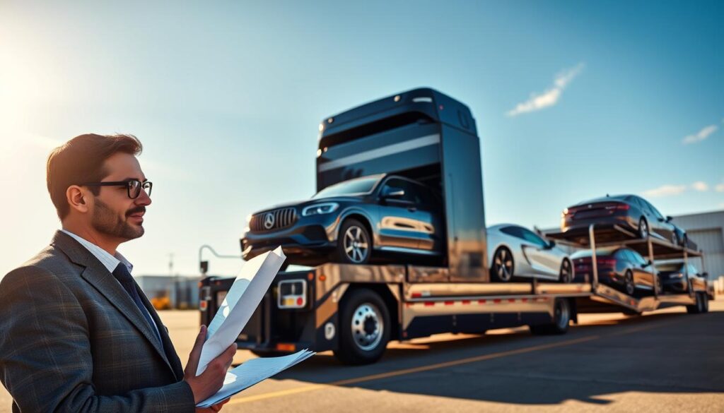 A vibrant and professional scene showcasing vehicle transport services, featuring a sleek car carrier truck loaded with various vehicles in an open industrial yard in Frankfort, Michigan. In the foreground, a well-dressed transportation manager, wearing a crisp business suit, is reviewing shipment paperwork beside the truck, exuding confidence and reliability. The middle ground displays a modern car transport vehicle, with bright sunlight glinting off its polished surface, surrounded by a few cars of different colors and styles, representing the various vehicles being transported. In the background, clear blue skies with minimal clouds create a sense of openness and trust. The angle is slightly elevated, showcasing the scale of the operation, with warm, inviting lighting, reflecting a trustworthy and efficient atmosphere for potential clients considering these reliable transport services.