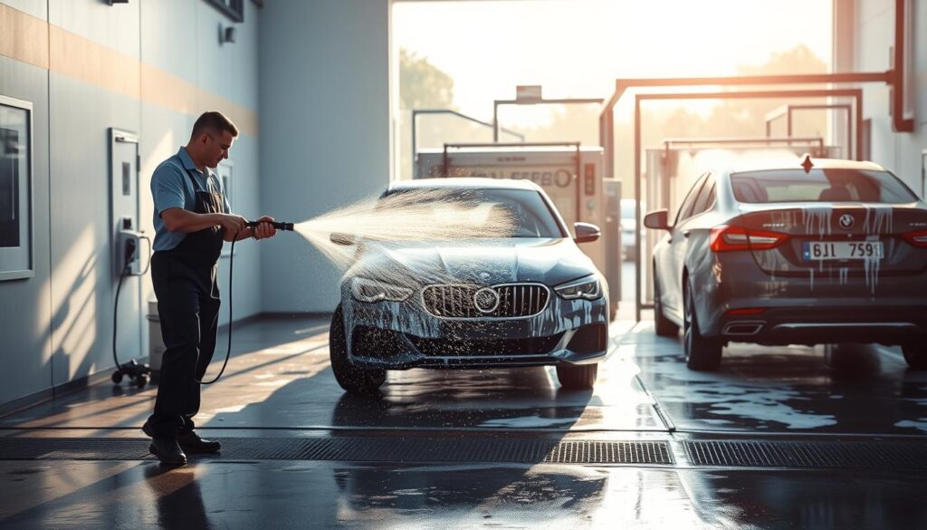 A vibrant and visually engaging car wash scene showcasing three distinct wash tiers, positioned from left to right. In the foreground, a professional attendant in a neat uniform is using a high-pressure washer on a shiny sedan. In the middle, a second vehicle is receiving a hand wash and clay service, with soap bubbles sparkling under the sun. In the background, a modern car wash bay with automated machines and soft, diffused natural lighting creates an inviting atmosphere. The overarching mood is clean and efficient, reflecting a reliable auto detailing service. The angle captures the action dynamically, emphasizing the professionalism and care in each washing tier.