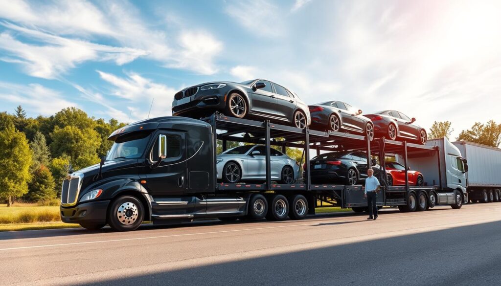 A vibrant auto transport company scene set in Flat Rock, Michigan. In the foreground, a sleek, modern car carrier truck is parked, displaying a variety of vehicles securely loaded on its multiple levels. In the middle ground, a well-organized auto transport facility features workers in professional business attire, examining vehicle paperwork and managing logistics. The background showcases lush greenery characteristic of the Flat Rock area, with soft blue skies and wispy clouds. The sunlight casts a warm, inviting glow, enhancing the professional atmosphere. The image is shot from a slightly low angle, emphasizing the height of the truck and the vehicles, creating a dynamic perspective that conveys efficiency and reliability in car shipping.