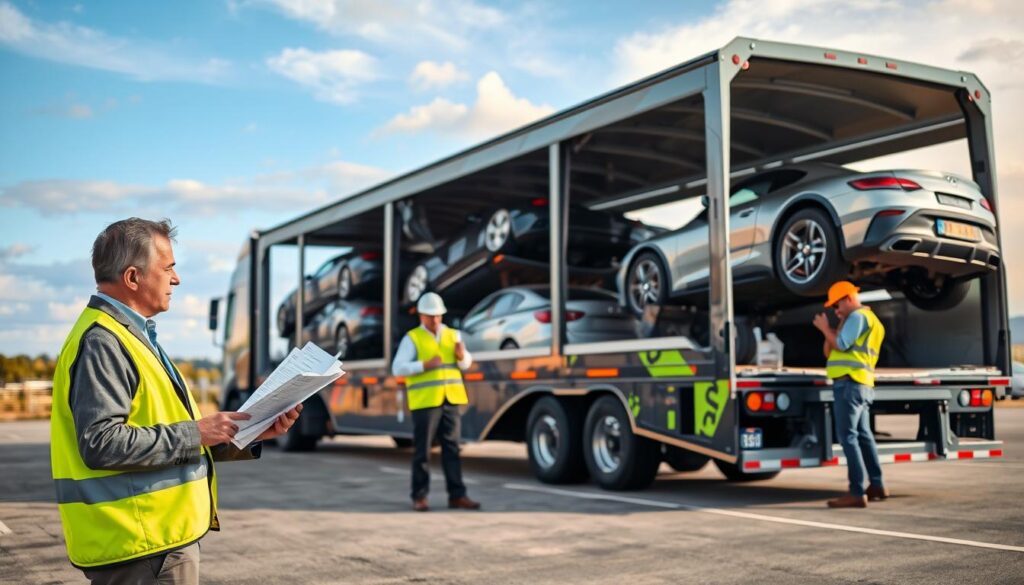 A vibrant auto transport scene showcasing a modern car carrier truck loaded with multiple vehicles, parked in a secure yard. In the foreground, a professional in business attire inspects the shipment paperwork, clipboard in hand, while a second person examines a car's condition, dressed in a safety vest and helmet. The middle ground features the sleek truck with a glossy finish, displaying a variety of cars, from sedans to SUVs, all secured and ready for transport. The background includes a blue sky with soft clouds and the silhouette of a scenic Michigan landscape, adding depth and context. The lighting should be bright and natural, highlighting the details of the vehicles, while the overall atmosphere conveys professionalism and efficiency in the auto transport process.