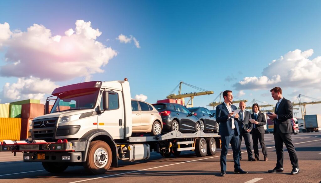 A vibrant scene depicting a vehicle shipping service at a bustling transport yard. In the foreground, a well-maintained car carrier truck is loading vehicles, showcasing a mix of cars neatly arranged on the flatbed. In the middle ground, workers dressed in professional business attire are coordinating logistics, examining paperwork, and using handheld devices to track shipments. The background features a clear blue sky, with a few fluffy clouds, and a wide view of the shipping facility that includes shipping containers and cranes. The setting is illuminated by soft, natural sunlight, creating a warm and inviting atmosphere, emphasizing professionalism and efficiency in vehicle transport services. The angle captures a dynamic perspective showing both action and organization within the transport yard.