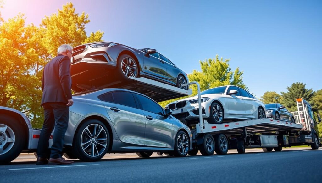 A vibrant scene depicting professional vehicle transport in Chelsea, Michigan. In the foreground, a sleek car is being loaded onto a modern car carrier with a well-dressed transport expert overseeing the process, wearing business attire. The middle grounds feature multiple vehicles carefully secured on the carrier, showcasing a variety of makes and models. The background includes a clear blue sky and lush greenery typical of the Chelsea area, suggesting a sunny day. Soft natural lighting highlights the professionalism of the scene, while a low-angle shot captures the scale of the transport operation. Convey a mood of efficiency and reliability, emphasizing the dedicated service of car shipping in this community. Ensure all elements reflect a safe, professional environment without any text or watermarks. A vibrant scene depicting professional vehicle transport in Chelsea, Michigan. In the foreground, a sleek car is being loaded onto a modern car carrier with a well-dressed transport expert overseeing the process, wearing business attire. The middle grounds feature multiple vehicles carefully secured on the carrier, showcasing a variety of makes and models. The background includes a clear blue sky and lush greenery typical of the Chelsea area, suggesting a sunny day. Soft natural lighting highlights the professionalism of the scene, while a low-angle shot captures the scale of the transport operation. Convey a mood of efficiency and reliability, emphasizing the dedicated service of car shipping in this community. Ensure all elements reflect a safe, professional environment without any text or watermarks.