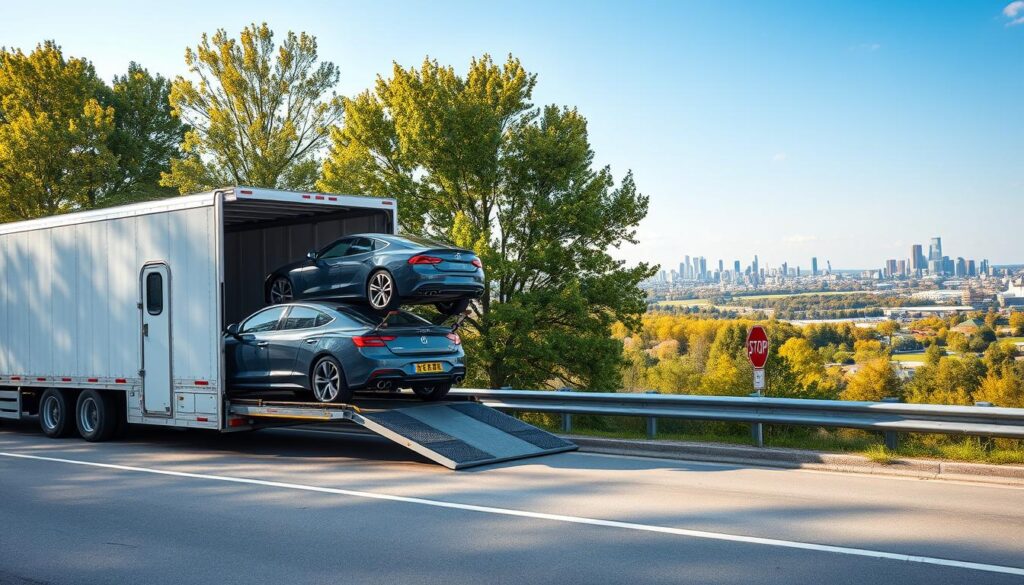 A vibrant scene depicting the vehicle transport process in Escanaba, Michigan. In the foreground, a sleek car is being loaded onto an auto transport truck, showcasing the careful handling and securing of the vehicle. In the mid-ground, the truck is parked on a well-maintained road, surrounded by verdant trees reflecting the local scenery. The background features a panoramic view of Escanaba’s skyline with a clear blue sky, creating a peaceful yet industrious atmosphere. Soft, natural lighting enhances the scene, simulating a bright afternoon. Use a wide-angle lens effect to capture the entirety of the vehicles and environment, conveying a sense of efficiency and professionalism in vehicle transportation.