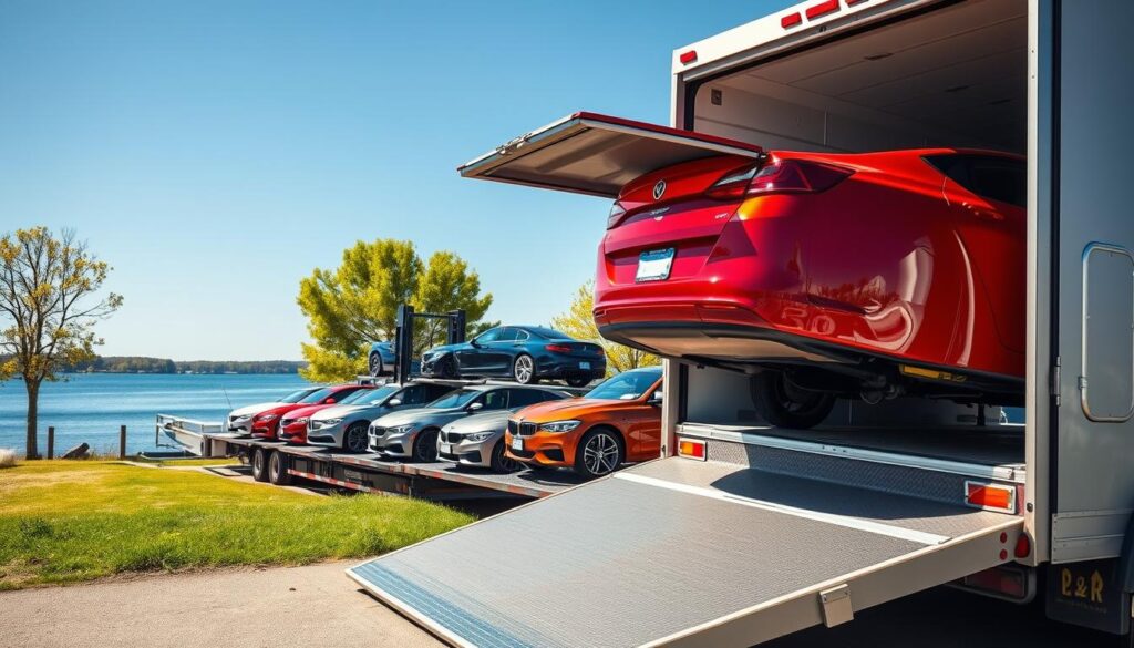 A vibrant scene of car shipping at a sunny Spring Lake, Michigan location. In the foreground, a transport truck is loading a shiny red sedan onto its open trailer, showcasing the intricate details of the vehicle. In the middle ground, multiple cars are parked on the transport truck, highlighting various makes and models, with a focus on both modern and classic designs. The background features the serene shores of Spring Lake, with a clear blue sky and lush green trees, creating a peaceful atmosphere. The lighting is bright and natural, suggesting a warm spring day. The composition is captured from a slightly elevated angle, providing an overview of the car shipping process, while maintaining a professional and organized feel.