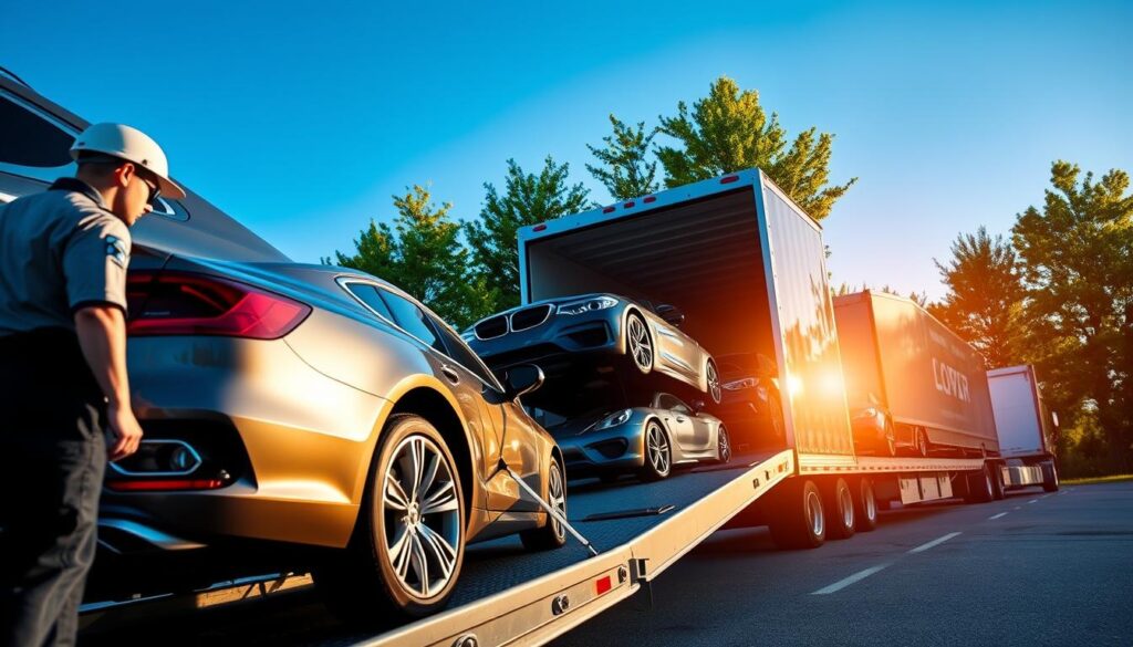 A vibrant scene of professional car shipping services in Leland, Michigan. In the foreground, a shiny, modern car is being carefully loaded onto a sleek auto transport truck by a uniformed worker, showcasing attention to detail and professionalism. The middle ground features the truck lined with several other vehicles secured for transport, reflecting a well-organized operation. In the background, a clear blue sky enhances the setting, with verdant trees symbolizing the Michigan landscape. Soft, natural lighting highlights the scene, with the sun gently illuminating the vehicles, creating a warm yet professional atmosphere. The angle is slightly elevated, optimizing the view of the truck and the surrounding area, invoking a sense of trust and efficiency in the car shipping process. A vibrant scene of professional car shipping services in Leland, Michigan. In the foreground, a shiny, modern car is being carefully loaded onto a sleek auto transport truck by a uniformed worker, showcasing attention to detail and professionalism. The middle ground features the truck lined with several other vehicles secured for transport, reflecting a well-organized operation. In the background, a clear blue sky enhances the setting, with verdant trees symbolizing the Michigan landscape. Soft, natural lighting highlights the scene, with the sun gently illuminating the vehicles, creating a warm yet professional atmosphere. The angle is slightly elevated, optimizing the view of the truck and the surrounding area, invoking a sense of trust and efficiency in the car shipping process.