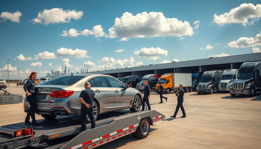 A vibrant scene showcasing a professional vehicle shipping operation. In the foreground, a shiny, newly transported car on a sleek car carrier, surrounded by employees in smart business attire, inspecting and preparing vehicles for delivery. The middle ground features a bustling auto transport terminal, with additional cars being loaded and unloaded, and a fleet of various transport trucks lined up, ready for shipping. In the background, a clear blue sky with fluffy white clouds and the Saginaw skyline subtly visible, adding context. The lighting is bright and natural, casting soft shadows, conveying a sense of professionalism and efficiency. The overall atmosphere is busy yet organized, reflecting the reliability of professional vehicle shipping services.