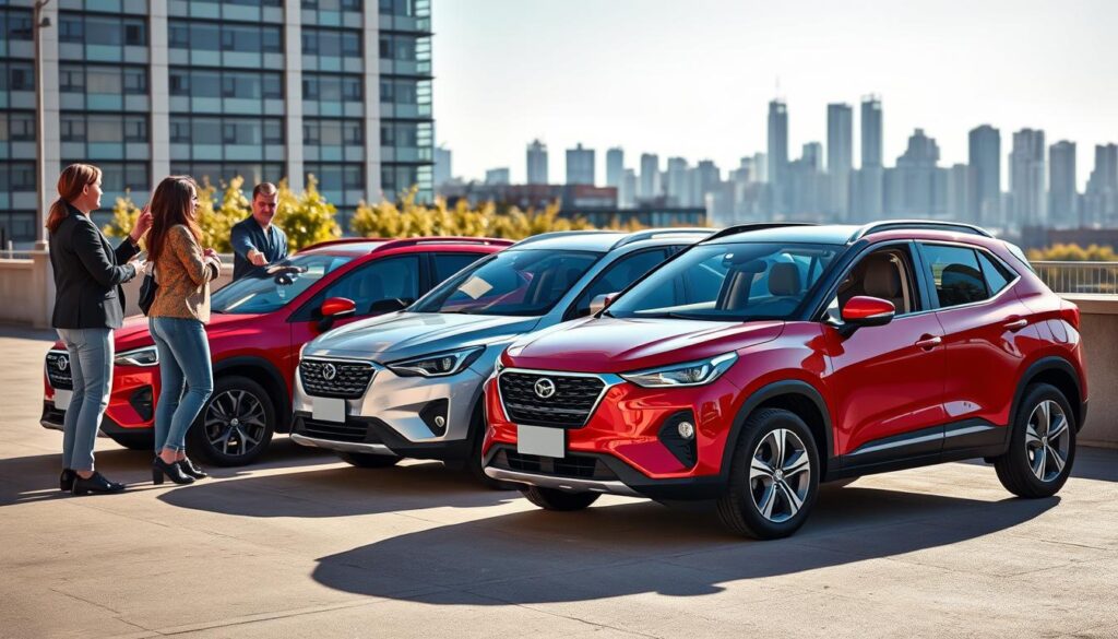A vibrant scene showcasing a selection of budget-friendly subcompact crossovers and SUVs parked neatly in a sunlit urban environment. In the foreground, include a diverse group of three individuals in professional attire engaged in discussion, pointing towards the vehicles with interest. The middle section features two stylish crossovers—one in a bold red and another in a sleek silver—highlighting their compact yet spacious designs, with modern lines and alloy wheels. In the background, a city skyline is visible, bathed in soft afternoon light, enhancing the atmosphere of accessibility and urban living. The overall mood is optimistic and inviting, emphasizing practicality and affordability, with a slightly elevated perspective to capture the vehicles' silhouette against the backdrop. A vibrant scene showcasing a selection of budget-friendly subcompact crossovers and SUVs parked neatly in a sunlit urban environment. In the foreground, include a diverse group of three individuals in professional attire engaged in discussion, pointing towards the vehicles with interest. The middle section features two stylish crossovers—one in a bold red and another in a sleek silver—highlighting their compact yet spacious designs, with modern lines and alloy wheels. In the background, a city skyline is visible, bathed in soft afternoon light, enhancing the atmosphere of accessibility and urban living. The overall mood is optimistic and inviting, emphasizing practicality and affordability, with a slightly elevated perspective to capture the vehicles' silhouette against the backdrop.