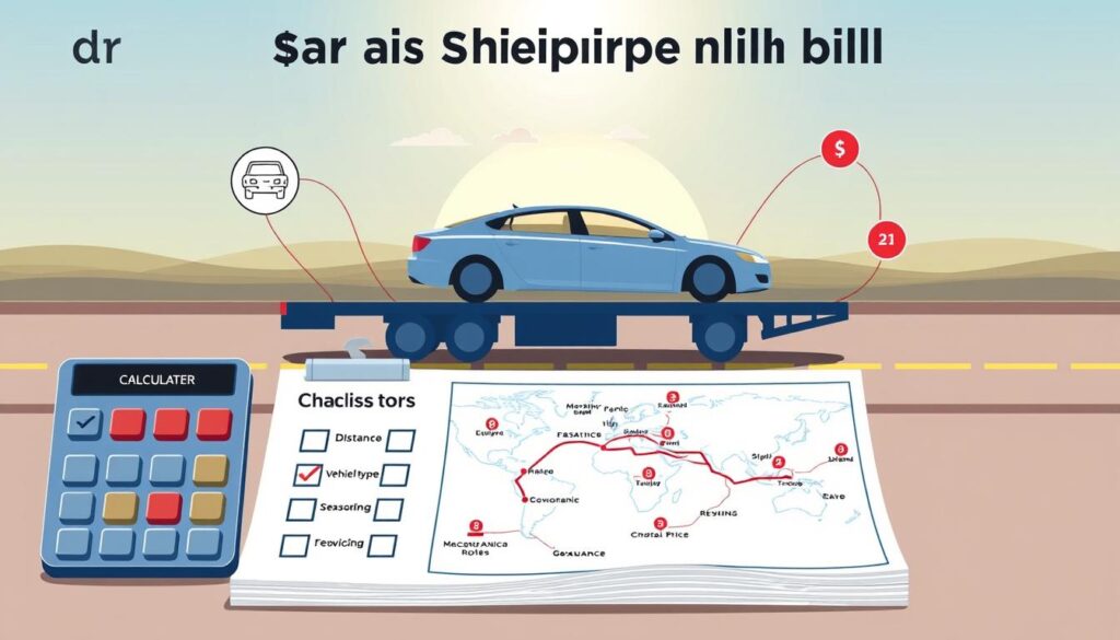 A visually engaging illustration depicting key factors influencing a car shipping bill. In the foreground, a calculator and a checklist with icons representing distance, vehicle type, seasonality, and additional services like insurance and tracking. In the middle layer, a stylized map showing various routes and locations, with small graphics indicating distance and gas prices. The background features a horizon with a car on a transport truck, symbolizing the moving process. The lighting is bright and inviting, suggesting a clear, sunny day. The composition captures a professional, informative mood, ideal for an article about car shipping prices. Focus on clarity and organization within the design elements, ensuring no text or logos are present.