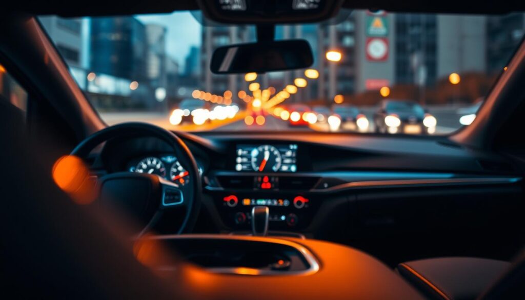 A visually striking image depicting the mechanics of delayed gear shifting in an automatic car. In the foreground, focus on a close-up of a car's gearshift lever, partially out of focus, showcasing a digital display with error warnings. In the middle ground, capture the sleek dashboard of a luxury automatic car, illuminated by soft, ambient lighting, highlighting the gear indicator. The background features a blurred cityscape view through the windshield, suggesting a busy urban environment. The mood is tense yet informative, emphasizing the technical aspects of delayed gear shifting. Use a warm color palette with shadows to create depth, and select a shallow depth of field to draw attention to the gearshift while maintaining a professional look.