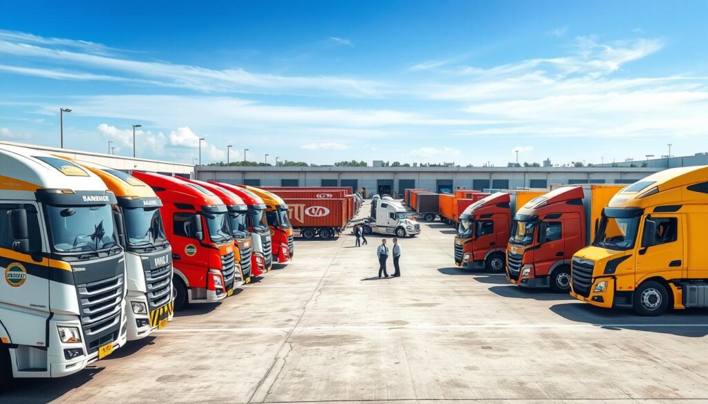 A visually striking representation of a reliable carrier network, showcasing a fleet of modern transport vehicles lined up in the foreground, each displaying vibrant colors and professional logos. In the middle ground, create an expansive view of a bustling transport hub with warehouse facilities, staff members dressed in professional attire coordinating shipments, surrounded by cargo containers and loading docks. The background should illustrate a clear blue sky with a hint of clouds, emphasizing a bright and optimistic atmosphere. Incorporate natural lighting that casts soft shadows, enhancing details. Use a wide-angle lens perspective to capture the scale of the operation, evoking a sense of trust and professionalism in auto transport services. The overall mood should convey reliability and efficiency in car shipping.