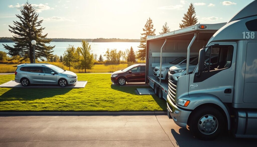 A visually striking scene of a car transport truck in Walled Lake, Michigan, featuring an open trailer loaded with pristine vehicles, including a sedan and an SUV. In the foreground, the truck is parked at a well-maintained auto transport facility, showcasing its shiny exterior under bright sunlight. The middle section captures the trucks and cars, arranged neatly with a lush green lawn surrounding them. In the background, the beautiful Michigan landscape features a serene lake and tall trees, emphasizing the local scenery. The image should be shot from a low angle to create a sense of grandeur, utilizing soft, natural lighting to convey a reliable and professional atmosphere. The overall mood is one of trust and efficiency, perfect for illustrating dependable car shipping services.