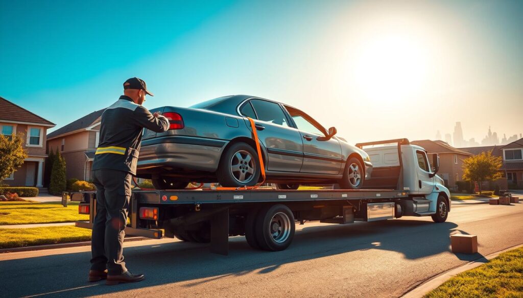A vivid scene depicting a relocating vehicle, showcasing a reliable, slightly worn-out sedan being transported on a flatbed truck. In the foreground, the truck driver, dressed in a professional uniform, is carefully securing the car with straps. The middle ground features a suburban neighborhood with well-kept lawns and a clear blue sky, creating a sense of calm and order amidst the vehicle relocation situation. The background should include scattered moving boxes, hinting at a household's transition, and a distant city skyline that evokes the journey ahead. Use warm afternoon sunlight to cast soft shadows, enhancing the sense of movement and urgency. Capture this moment from a low angle, emphasizing the vehicle on the flatbed, while maintaining a professional and organized atmosphere.