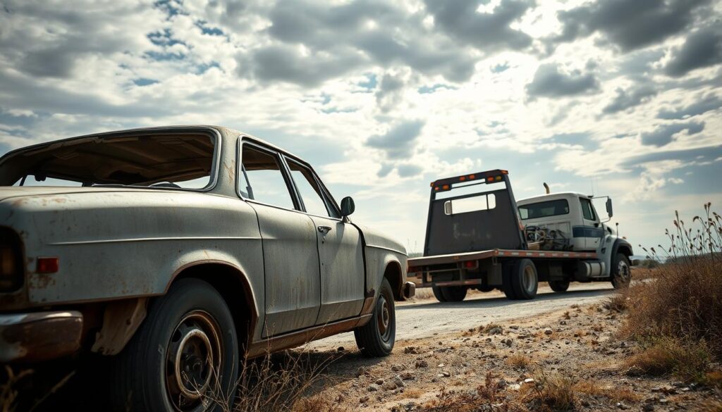 A weathered salvage car sits prominently in the foreground, showcasing its rusted exterior and shattered windows, symbolizing its damaged state. In the middle ground, a flatbed tow truck, designed for transporting wrecked vehicles, is parked with its ramp down, ready for the salvage car to be gently loaded. The background features a deserted roadside lined with overgrown weeds, enhancing the sense of abandonment. Dappled sunlight filters through a cloudy sky, casting soft shadows and creating a somber yet hopeful atmosphere. The angle is slightly elevated, offering a clear view of the car’s details and the tow truck, while emphasizing the importance of safe transport for damaged vehicles. The entire composition feels raw and realistic, reflecting the article's focus on trusted salvage and transport services. A weathered salvage car sits prominently in the foreground, showcasing its rusted exterior and shattered windows, symbolizing its damaged state. In the middle ground, a flatbed tow truck, designed for transporting wrecked vehicles, is parked with its ramp down, ready for the salvage car to be gently loaded. The background features a deserted roadside lined with overgrown weeds, enhancing the sense of abandonment. Dappled sunlight filters through a cloudy sky, casting soft shadows and creating a somber yet hopeful atmosphere. The angle is slightly elevated, offering a clear view of the car’s details and the tow truck, while emphasizing the importance of safe transport for damaged vehicles. The entire composition feels raw and realistic, reflecting the article's focus on trusted salvage and transport services.