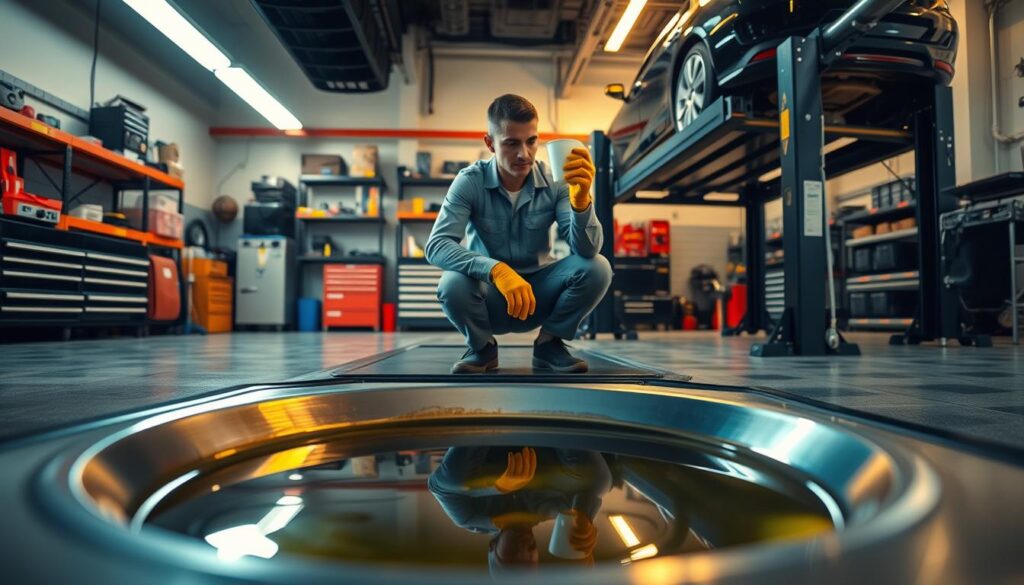 A well-lit automotive workshop with a clean, organized space, focusing on an oil drain pan positioned beneath a car. In the foreground, the drain pan gleams with fresh motor oil pooling inside, capturing reflections of overhead LED lights. In the middle, a mechanic in modest casual clothing is kneeling beside the vehicle, wearing safety gloves and using a funnel to pour oil into the drain pan, demonstrating proper technique. The background features well-stocked tool shelves and a hydraulic lift holding another car, all bathed in warm, ambient lighting to create a safe and professional atmosphere. The image conveys a sense of diligence and precision in automotive care. A well-lit automotive workshop with a clean, organized space, focusing on an oil drain pan positioned beneath a car. In the foreground, the drain pan gleams with fresh motor oil pooling inside, capturing reflections of overhead LED lights. In the middle, a mechanic in modest casual clothing is kneeling beside the vehicle, wearing safety gloves and using a funnel to pour oil into the drain pan, demonstrating proper technique. The background features well-stocked tool shelves and a hydraulic lift holding another car, all bathed in warm, ambient lighting to create a safe and professional atmosphere. The image conveys a sense of diligence and precision in automotive care.