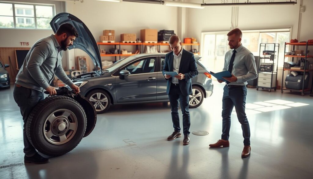 A well-lit, spacious garage where a diverse group of three professionals in smart casual clothing are assessing a vehicle for transport. In the foreground, one person is inspecting the car's tires and undercarriage, while another is reviewing documents, possibly a checklist, on a clipboard. The middle area features the vehicle, a mid-sized sedan, resting on a clean garage floor with natural light filtering through large windows. In the background, shelves filled with tools and equipment create a sense of preparedness. The atmosphere is attentive and focused, reflecting the importance of a thorough pre-transit vehicle assessment. Soft shadows and warm lighting enhance the ambiance, giving a sense of reliability and professionalism. A well-lit, spacious garage where a diverse group of three professionals in smart casual clothing are assessing a vehicle for transport. In the foreground, one person is inspecting the car's tires and undercarriage, while another is reviewing documents, possibly a checklist, on a clipboard. The middle area features the vehicle, a mid-sized sedan, resting on a clean garage floor with natural light filtering through large windows. In the background, shelves filled with tools and equipment create a sense of preparedness. The atmosphere is attentive and focused, reflecting the importance of a thorough pre-transit vehicle assessment. Soft shadows and warm lighting enhance the ambiance, giving a sense of reliability and professionalism.