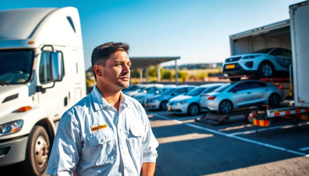 A well-maintained transportation truck parked at a secure vehicle staging area, showcasing various cars loaded and ready for delivery. In the foreground, a professional driver in a clean, branded uniform inspects the vehicle's condition, emphasizing safety and reliability. In the middle ground, the loading area features neatly arranged cars, some covered with protective tarps, highlighting a meticulous approach to auto transport. The background shows a clear blue sky, symbolizing trust and clarity, and landscapes of Okemos, Michigan, with trees and distant buildings hinting at the local context. Soft, natural lighting casts gentle shadows, enhancing the professional atmosphere of care and commitment to quality vehicle delivery.