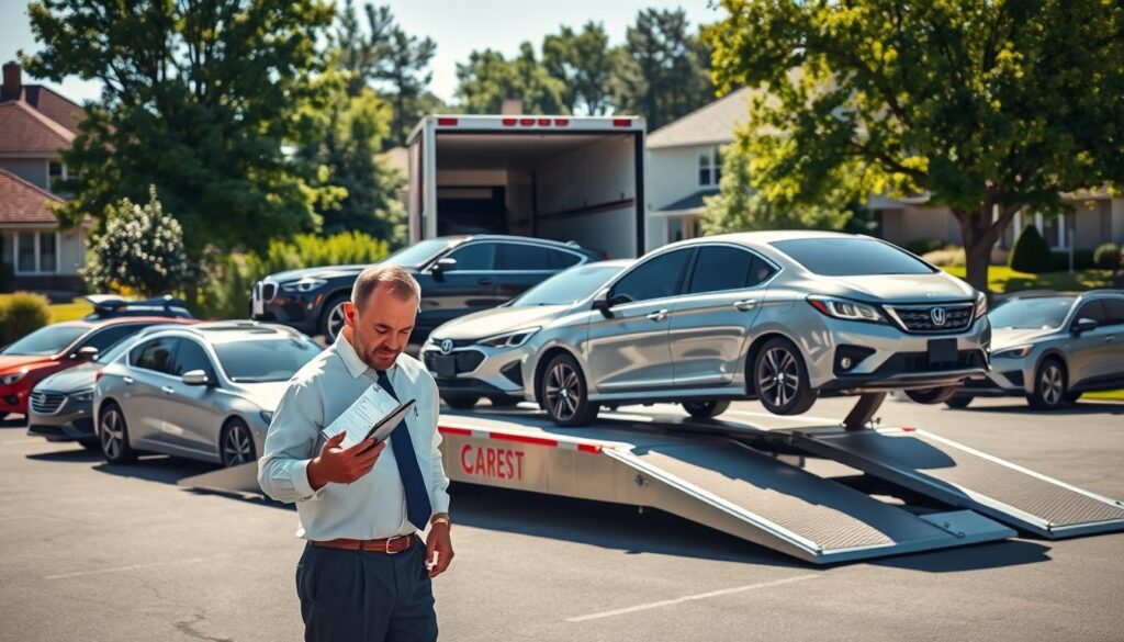 A well-organized auto transport yard in Bloomfield Hills, Michigan, showcasing an array of vehicles being loaded onto a modern car carrier truck. In the foreground, a professional driver in business attire inspects a sedan with a clipboard, ensuring its safety for transport. The middle ground features the sleek car carrier, parked with ramps extended, surrounded by a variety of vehicles like SUVs and sedans, gleaming in the sunlight. In the background, lush trees and suburban homes reflect the local charm of Bloomfield Hills. Bright, natural lighting highlights the scene, casting dynamic shadows. The atmosphere is focused and efficient, emphasizing reliability and professionalism in local auto transport services.