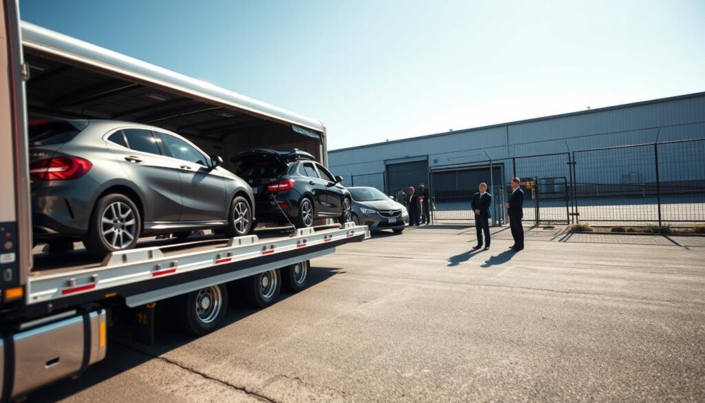 A well-organized car shipping facility in Owosso, Michigan, showcasing a safe vehicle delivery process. In the foreground, a transport truck carefully unloading shiny, new cars, with a focus on the precise handling of the vehicles. The middle ground features a team of professionals in smart attire inspecting the cars, emphasizing their commitment to safety and quality. The background reveals a clear blue sky, well-maintained asphalt, and the facility's secure fencing, symbolizing protection and reliability. Soft natural lighting enhances the scene, creating a warm, inviting atmosphere. The angle captures the bustling environment while maintaining a sense of harmony and order, instilling confidence in the auto transport process without any text or distractions.