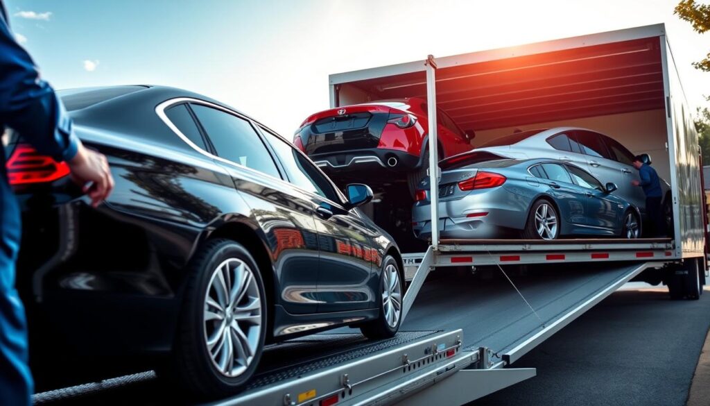 A well-organized car transport scene showcasing multiple vehicles being loaded onto a transport truck. In the foreground, a sleek black sedan is being carefully guided onto the trailer by a professional in a blue uniform, indicating precision and care in the shipping process. The middle ground features a large, shiny transport truck loaded with various cars, including a red sports car, a silver SUV, and a blue hatchback, all neatly arranged. In the background, a clear sky over Bloomfield Hills gives a sense of location, with subtle hints of trees and suburban architecture to establish the Michigan setting. The lighting is bright and natural, creating an optimistic and efficient atmosphere. The angle is slightly elevated, providing a comprehensive view of the vehicle transport process without any text or distractions.