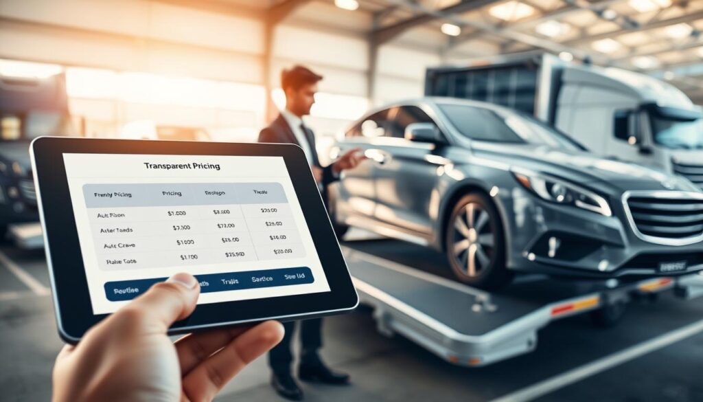 A well-organized scene showcasing the concept of "transparent pricing" in car shipping. In the foreground, display a sleek, transparent tablet showing an interface with clear pricing information for auto transport services, illuminated by a soft, natural light. In the middle ground, feature a professional in smart casual attire, discussing options with a customer while standing beside a shiny car on a transport trailer, emphasizing trust and clarity in the service. The background should portray a bright, welcoming auto transport yard with additional vehicles and well-maintained transport trucks. Capture the scene with a wide angle, ensuring a warm and inviting atmosphere, evoking feelings of reliability and professionalism in the transport industry.