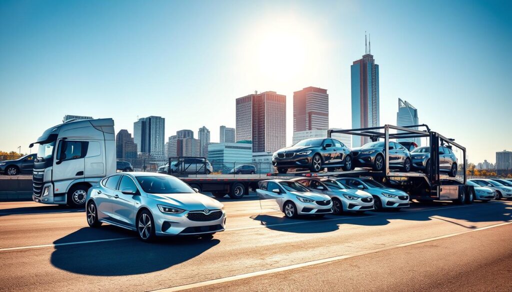 A well-organized vehicle transport scene featuring a modern car transport truck loaded with shiny new vehicles. In the foreground, the truck is parked on a clean, wide road with a clear view of the Detroit skyline in the background, showcasing iconic buildings. The middle ground includes a few neatly parked cars waiting to be loaded, illustrating the process of vehicle shipping. The scene is bathed in warm sunlight, casting soft shadows that create an inviting atmosphere. Use a slight wide-angle lens to capture the entire scenario, emphasizing both the transport truck and the city. The overall mood is professional and efficient, reflecting the reliability of professional vehicle transport services.