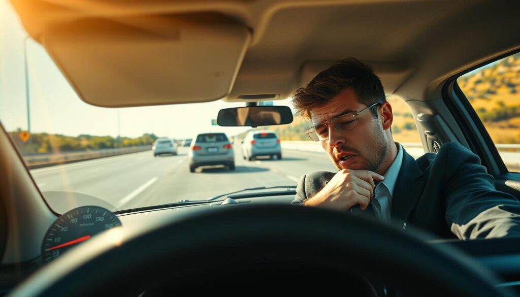 A wide-angle view of a car on a busy highway during a sunny day, showcasing signs of transmission overheating. In the foreground, focus on the car's dashboard displaying a warning light, with the speedometer reading high speed. The middle ground features a frustrated driver in professional attire, peering at the dashboard with concern, sweating slightly. The background depicts a blurred perspective of other vehicles driving past, emphasizing speed and urgency. The lighting is bright, casting warm tones that highlight the car interior. The overall atmosphere conveys tension and urgency, highlighting the severity of transmission overheating while maintaining a safe and professional visual context. A wide-angle view of a car on a busy highway during a sunny day, showcasing signs of transmission overheating. In the foreground, focus on the car's dashboard displaying a warning light, with the speedometer reading high speed. The middle ground features a frustrated driver in professional attire, peering at the dashboard with concern, sweating slightly. The background depicts a blurred perspective of other vehicles driving past, emphasizing speed and urgency. The lighting is bright, casting warm tones that highlight the car interior. The overall atmosphere conveys tension and urgency, highlighting the severity of transmission overheating while maintaining a safe and professional visual context.