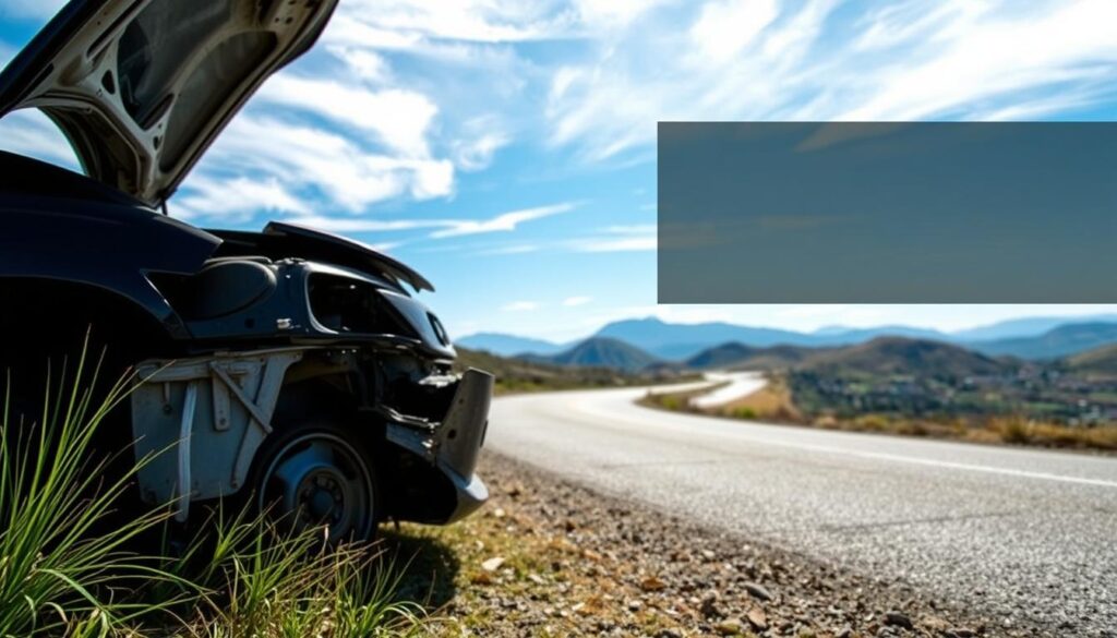 Aerial view of a broken-down car on the side of a winding road, showcasing the sense of distance and location. In the foreground, the car sits partially on the grass, its hood raised, indicating it needs repairs. The middle ground features the road snaking through a picturesque landscape, with rolling hills and a distant mountain range under a bright blue sky. Wispy clouds add depth to the scene. In the background, a small town can be seen, emphasizing the dilemma of distance for potential buyers or shipping. The lighting is bright and natural, casting soft shadows, creating an atmosphere of contemplation and decision-making, perfect for exploring key factors in selling or shipping a vehicle.