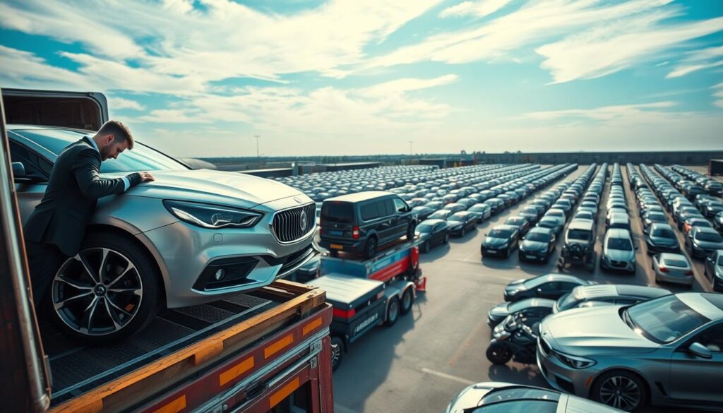 Aerial view of a large car shipping yard, showcasing rows of meticulously arranged vehicles on transport trucks. In the foreground, a close-up of a sleek, modern sedan being loaded onto a truck by a professional in business attire, ensuring safety and precision. In the middle ground, more transport trucks lined up, some already loaded with cars, while others are being prepared for shipment. The background features a clear blue sky with soft clouds, casting diffused sunlight over the scene, highlighting the shiny surfaces of the cars. The mood conveys efficiency and professionalism, emphasizing the logistics of car shipping versus repair costs, inviting viewers to reflect on the practical aspects of vehicle transportation.
