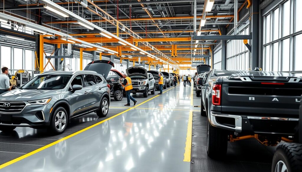 An assembly line inside a modern American automotive factory, showcasing a variety of supply chain resilience vehicles. In the foreground, a sleek American-made SUV and a sturdy pickup truck are prominently displayed, gleaming under bright, even lighting, highlighting their build quality. In the middle ground, factory workers in safety gear and professional attire work diligently, inspecting parts and operating machinery, conveying a sense of teamwork and dedication. The background features rows of production equipment and vehicles in various stages of assembly, underscored by large windows that let in natural light, giving the scene a productive and optimistic atmosphere. Captured from a slightly elevated angle, the image highlights the commitment to quality and resilience in American manufacturing. An assembly line inside a modern American automotive factory, showcasing a variety of supply chain resilience vehicles. In the foreground, a sleek American-made SUV and a sturdy pickup truck are prominently displayed, gleaming under bright, even lighting, highlighting their build quality. In the middle ground, factory workers in safety gear and professional attire work diligently, inspecting parts and operating machinery, conveying a sense of teamwork and dedication. The background features rows of production equipment and vehicles in various stages of assembly, underscored by large windows that let in natural light, giving the scene a productive and optimistic atmosphere. Captured from a slightly elevated angle, the image highlights the commitment to quality and resilience in American manufacturing.