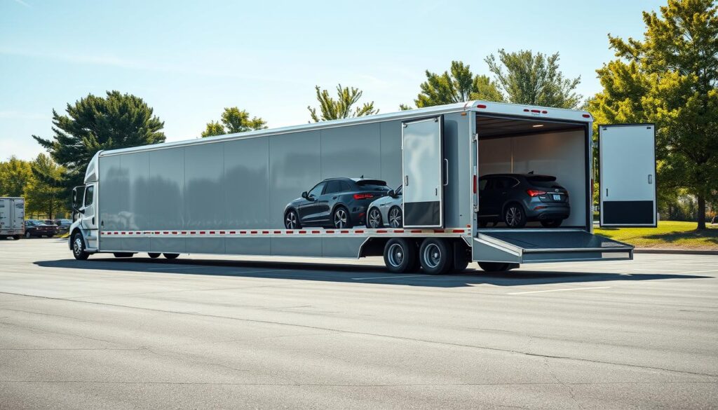 An enclosed vehicle transport trailer parked in a spacious depot in Hazel Park, Michigan. In the foreground, the shiny trailer is showcased with its doors ajar, revealing securely fastened vehicles inside, revealing the careful organization of the cargo. The middle ground features a well-maintained asphalt surface and a backdrop of green trees and a clear blue sky, creating a serene and trustworthy atmosphere. Soft sunlight illuminates the scene, casting gentle shadows and highlighting the well-defined edges of the truck and trailer. The angle is slightly elevated, providing an overview of the transport setup with a focus on safety and professionalism, evoking a sense of reliability in vehicle transport solutions. The mood is calm and reassuring, emphasizing trust in the service.