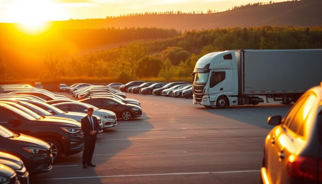 An expansive car shipping yard at sunset in Iron Mountain, Michigan, featuring several neatly lined vehicles awaiting transport. In the foreground, a professional male and female auto transport manager in business attire are inspecting the cars, ensuring their safety and proper handling. The middle ground showcases a modern car carrier truck, unloaded and ready for new deliveries, with a soft glow from the golden hour light enhancing its sleek design. The background consists of rolling hills and lush trees, capturing the beautiful Michigan landscape. The atmosphere is calm and professional, evoking a sense of trust and commitment to safe vehicle delivery, with warm lighting that casts gentle shadows. The image should be focused, with a slight depth of field to emphasize the managers and the truck, creating a narrative around the importance of safety in car shipping. An expansive car shipping yard at sunset in Iron Mountain, Michigan, featuring several neatly lined vehicles awaiting transport. In the foreground, a professional male and female auto transport manager in business attire are inspecting the cars, ensuring their safety and proper handling. The middle ground showcases a modern car carrier truck, unloaded and ready for new deliveries, with a soft glow from the golden hour light enhancing its sleek design. The background consists of rolling hills and lush trees, capturing the beautiful Michigan landscape. The atmosphere is calm and professional, evoking a sense of trust and commitment to safe vehicle delivery, with warm lighting that casts gentle shadows. The image should be focused, with a slight depth of field to emphasize the managers and the truck, creating a narrative around the importance of safety in car shipping.