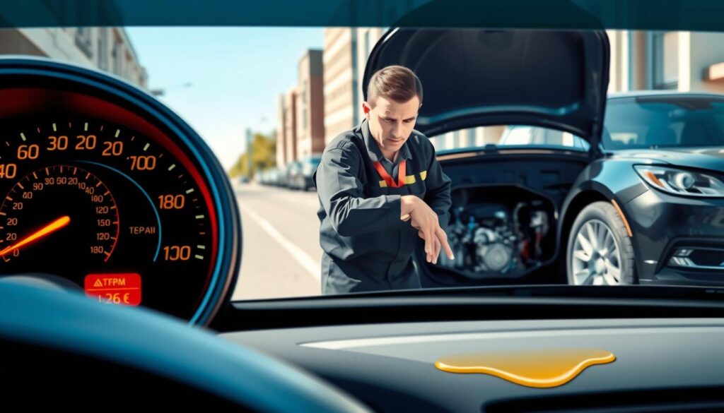 An informative illustration depicting common warning signs of transmission issues in a vehicle. In the foreground, a close-up of a dashboard displaying a glowing transmission warning light, with detailed indicators showing unusual readings. In the middle ground, a mechanic examining the engine compartment of a car, wearing professional work attire, with a concerned expression as he points to the transmission fluid leak on the ground. In the background, a city street scene is visible, slightly blurred to maintain focus on the main subjects. The lighting is bright and natural, suggesting midday, with a clear, crisp atmosphere that conveys urgency. The composition should be clean and organized for educational clarity.