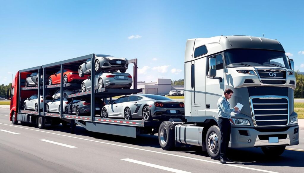 An informative illustration of the auto transport process, featuring a modern auto transport truck loaded with vehicles, positioned in the foreground. The truck is well-detailed, showcasing a variety of cars in different colors and styles, with some showcasing protective covers. In the middle ground, a logistics hub can be seen, displaying workers in professional attire discussing paperwork and inspecting vehicles, bathed in natural daylight. In the background, a clear blue sky complements the scene, with distant warehouses and trees typical of Shelby Township, Michigan. The overall mood is professional and organized, conveying efficiency in car shipping and transport. The image should be crisp and well-lit, captured with a wide-angle lens to provide depth and a sense of scale.