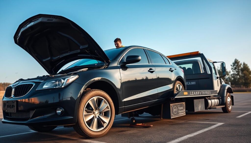 An inoperable vehicle being loaded onto a flatbed tow truck in a serene parking lot setting. The foreground features a shiny black sedan with visible engine problems, such as an open hood and disconnected battery cables. In the middle, the tow truck operator, dressed in a reflective safety vest, carefully secures the car to the flatbed with ratchet straps. The background shows a clear blue sky and distant trees, enhancing the calm atmosphere. Soft, natural lighting casts gentle shadows, highlighting the details of the vehicle and truck. The composition emphasizes the challenges of transporting a non-functional car, evoking a sense of professionalism and diligence in the auto transport process. The image conveys a mood of determination and practicality.