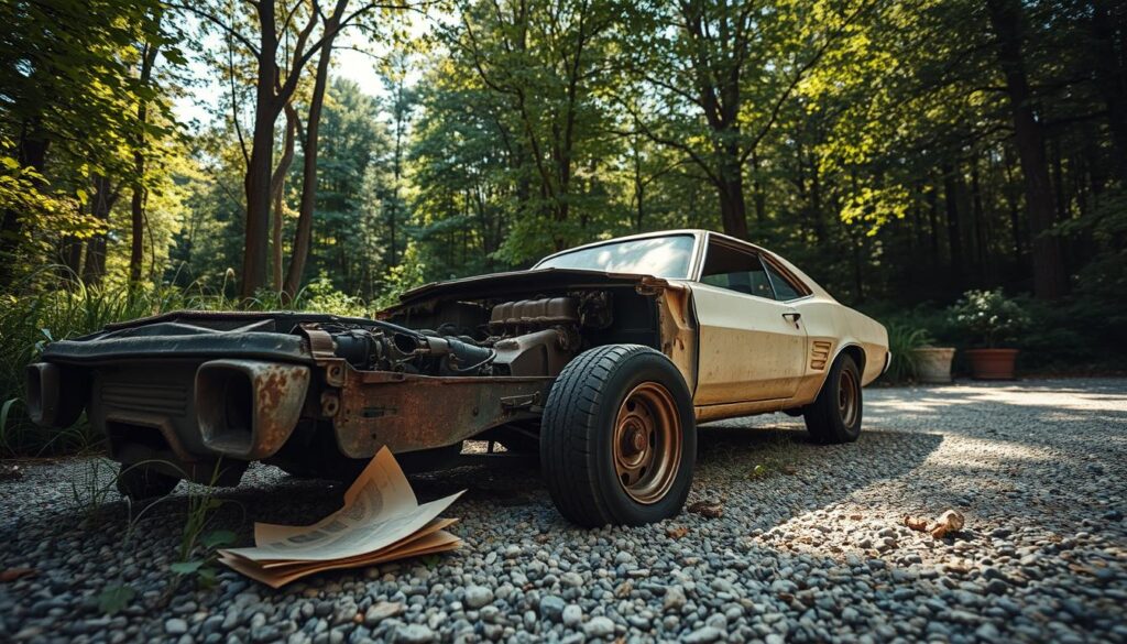 An inoperable vehicle sitting on a gravel driveway, its rusting chassis and flat tires conveying its abandoned state. In the foreground, the hood is raised, revealing a dusty and disorganized engine compartment, with scattered tools and a worn-out car manual lying nearby. The middle ground features the vehicle's body, with chipped paint and faded color, partially obscured by overgrown weeds. In the background, a dense forest casts dappled sunlight through the leaves, creating a tranquil yet melancholic atmosphere. The scene is captured from a low angle, emphasizing the vehicle's dilapidated condition. The lighting is soft and warm, evoking a sense of quiet reflection on the nature of inoperable vehicles.
