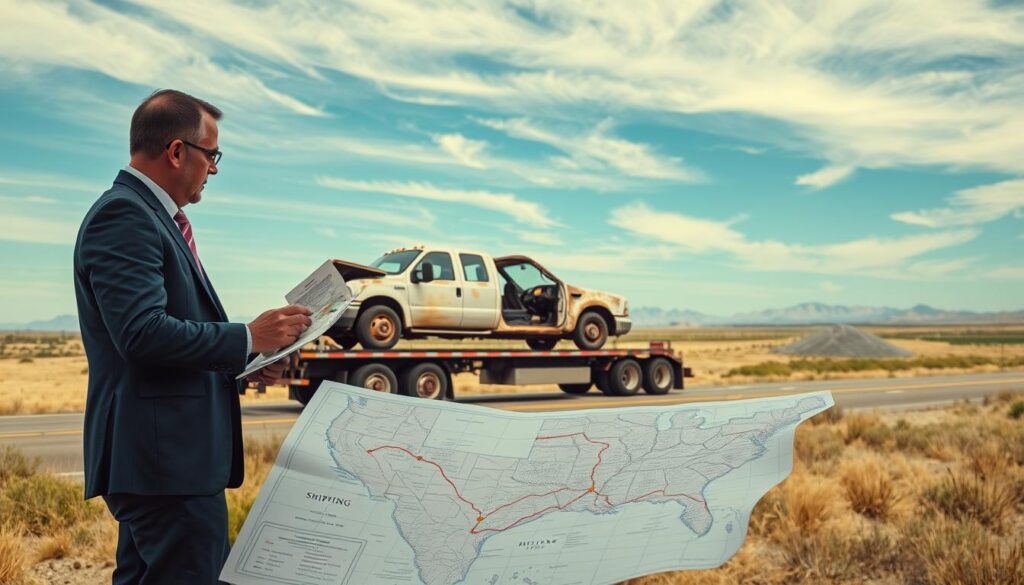 An insightful scene depicting the logistics of shipping an inoperable vehicle across the USA. In the foreground, a professional in business attire examines a detailed map with shipping routes highlighted, conveying a sense of organized planning. The middle ground features a flatbed truck positioned on a roadside, ready to transport a broken-down vehicle, with visible signs of wear, such as rust and flat tires. The background showcases a typical American landscape, with an expansive highway stretching into the horizon and a blue sky filled with wispy clouds, evoking a sense of journey and nationwide service. Soft, natural lighting emphasizes the seriousness and professionalism of the scene, with a slightly elevated angle capturing the entirety of the landscape and logistics involved in the transportation process. The overall mood is informative and contemplative, illustrating the complexities of shipping inoperable vehicles across the country. An insightful scene depicting the logistics of shipping an inoperable vehicle across the USA. In the foreground, a professional in business attire examines a detailed map with shipping routes highlighted, conveying a sense of organized planning. The middle ground features a flatbed truck positioned on a roadside, ready to transport a broken-down vehicle, with visible signs of wear, such as rust and flat tires. The background showcases a typical American landscape, with an expansive highway stretching into the horizon and a blue sky filled with wispy clouds, evoking a sense of journey and nationwide service. Soft, natural lighting emphasizes the seriousness and professionalism of the scene, with a slightly elevated angle capturing the entirety of the landscape and logistics involved in the transportation process. The overall mood is informative and contemplative, illustrating the complexities of shipping inoperable vehicles across the country.