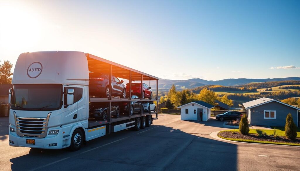An inviting auto transport scene set in Bellaire, Michigan, featuring a modern car carrier loaded with a variety of vehicles ready for shipment. In the foreground, the pristine truck is parked by a small, charming office building branded with a logo, surrounded by lush greenery and bright blue skies. In the middle ground, you can see workers in professional attire efficiently preparing the vehicles for transport. The background reveals rolling hills and a scenic view of Bellaire's picturesque landscape, infused with warm sunlight that casts a golden glow over the scene. Capture this moment from a low angle to emphasize the impressive height of the carrier, creating a dramatic effect while maintaining a friendly and professional atmosphere.