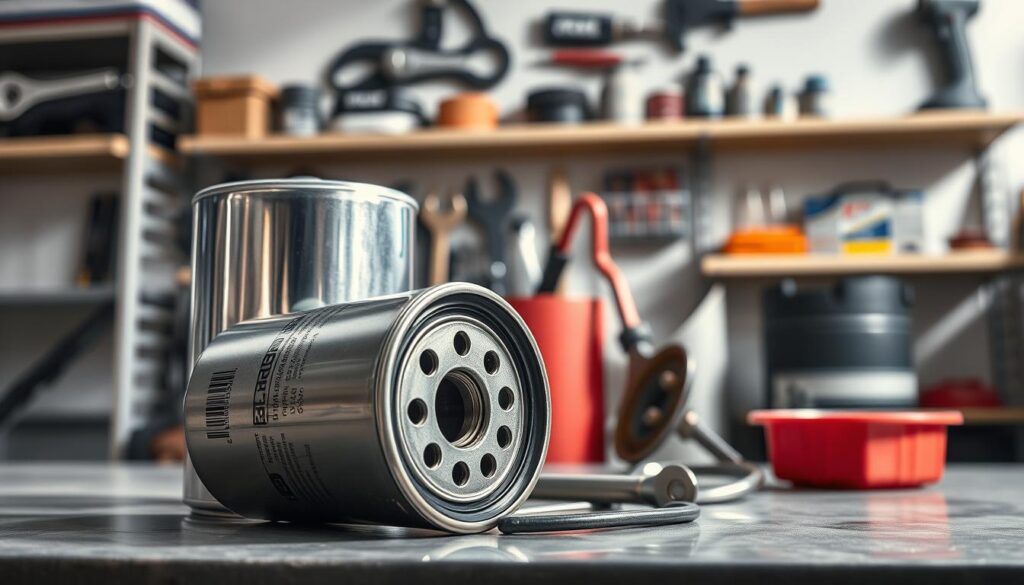 An oil filter prominently displayed in the foreground, showcasing its metallic surface with intricate details and the brand label clearly visible. In the middle ground, a mechanic's toolset partially opened, revealing a wrench, oil can, and funnel, contributing to the theme of preparation for an oil change. The background features a tidy, well-lit garage setting with shelves holding various car maintenance tools, adding context to the scene. The lighting is bright and natural, emphasizing the oil filter's shiny surface, while soft shadows create depth. The mood is professional and focused, conveying the importance of having the right tools at hand for a successful oil change. An oil filter prominently displayed in the foreground, showcasing its metallic surface with intricate details and the brand label clearly visible. In the middle ground, a mechanic's toolset partially opened, revealing a wrench, oil can, and funnel, contributing to the theme of preparation for an oil change. The background features a tidy, well-lit garage setting with shelves holding various car maintenance tools, adding context to the scene. The lighting is bright and natural, emphasizing the oil filter's shiny surface, while soft shadows create depth. The mood is professional and focused, conveying the importance of having the right tools at hand for a successful oil change.