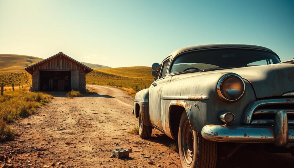 An old, vintage car sits prominently in the foreground, showcasing its weathered charm with peeling paint and rusty chrome details. The car's hood is slightly ajar, suggesting it needs repairs, while a few scattered tools nearby hint at ongoing maintenance efforts. In the middle ground, a soft dusty road leads to a small, cozy garage with an open door, revealing wooden shelves filled with automotive parts. The background features a serene countryside with rolling green hills under a bright blue sky, adding a sense of nostalgia and tranquility. The lighting is warm, with gentle sunlight casting soft shadows, highlighting the texture of the car and the surroundings. The overall atmosphere is contemplative, evoking thoughts about the decision to repair or transport the old vehicle. An old, vintage car sits prominently in the foreground, showcasing its weathered charm with peeling paint and rusty chrome details. The car's hood is slightly ajar, suggesting it needs repairs, while a few scattered tools nearby hint at ongoing maintenance efforts. In the middle ground, a soft dusty road leads to a small, cozy garage with an open door, revealing wooden shelves filled with automotive parts. The background features a serene countryside with rolling green hills under a bright blue sky, adding a sense of nostalgia and tranquility. The lighting is warm, with gentle sunlight casting soft shadows, highlighting the texture of the car and the surroundings. The overall atmosphere is contemplative, evoking thoughts about the decision to repair or transport the old vehicle.