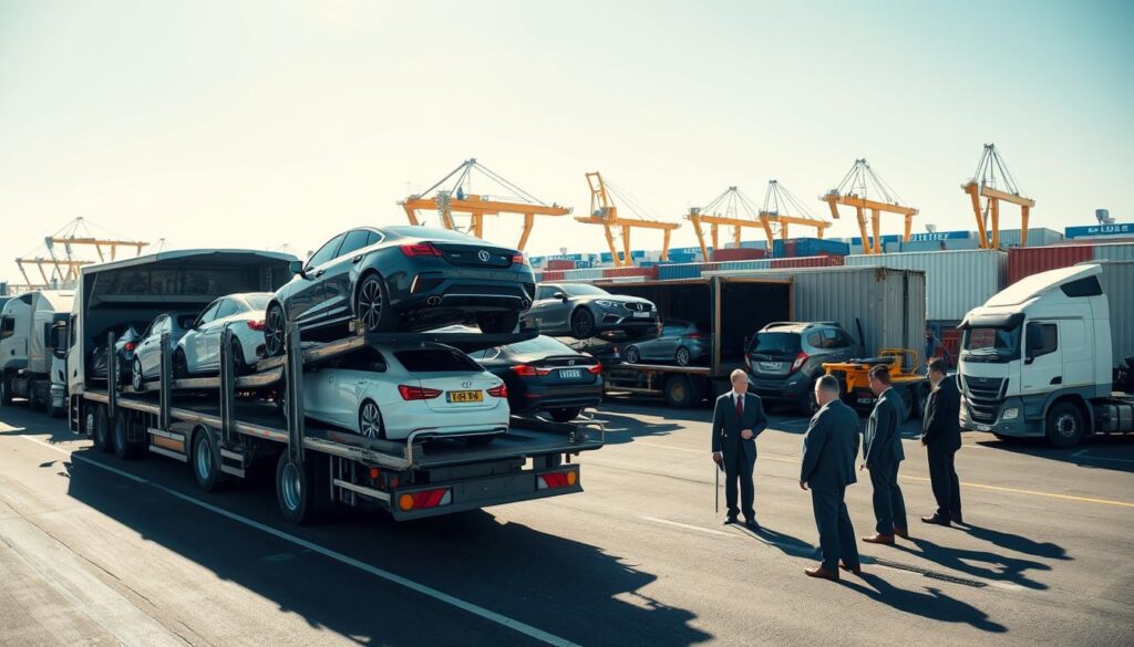 An organized vehicle transport scene showcasing the process of car shipping. In the foreground, a modern car carrier truck is parked, fully loaded with various cars secure in place. In the middle ground, a team of professionals in business attire efficiently oversee the loading process, using equipment and tools for securing the vehicles. The background features a bustling auto transport terminal with additional trucks, cranes, and shipping containers. The setting is sunlit, with clear blue skies and soft shadows, creating a vibrant atmosphere. The angle captures the action from a slightly elevated perspective, emphasizing the scale of operations. The image conveys a sense of professionalism and logistical efficiency in the auto transport industry.