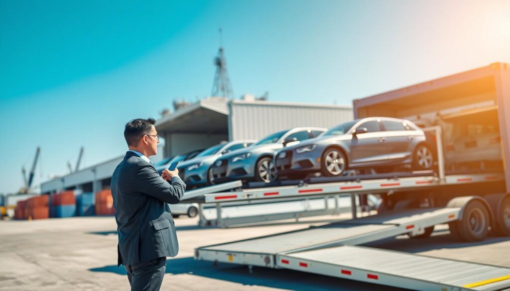 An organized vehicle transportation process scene at a car shipping terminal. In the foreground, a professional staff member in business attire is inspecting a row of shiny cars on a transport truck. The middle layer showcases the transport truck with multiple vehicles securely loaded, positioned next to a loading ramp. In the background, a clear blue sky contrasts with the industrial setting of the terminal, with some storage containers and cranes subtly visible. The lighting is bright and inviting, emphasizing a sense of efficiency and professionalism. The scene conveys a mood of reliability and order, highlighting the precision involved in auto transport logistics. An organized vehicle transportation process scene at a car shipping terminal. In the foreground, a professional staff member in business attire is inspecting a row of shiny cars on a transport truck. The middle layer showcases the transport truck with multiple vehicles securely loaded, positioned next to a loading ramp. In the background, a clear blue sky contrasts with the industrial setting of the terminal, with some storage containers and cranes subtly visible. The lighting is bright and inviting, emphasizing a sense of efficiency and professionalism. The scene conveys a mood of reliability and order, highlighting the precision involved in auto transport logistics.