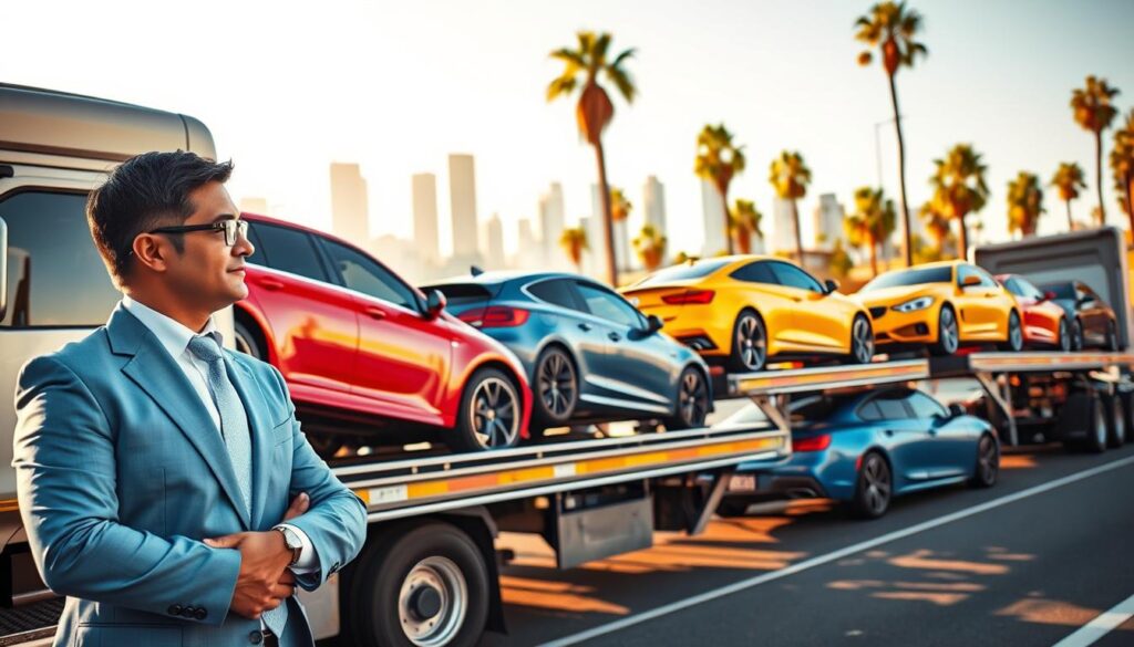A bustling auto transport scene in Los Angeles, showcasing a variety of vehicles loaded onto sleek transport trucks. In the foreground, a well-dressed auto transport professional in a light blue suit supervises the loading process, exuding professionalism. The middle ground features multiple brightly colored cars on transport carriers, prominently displaying their shiny exteriors under the warm California sun. In the background, the iconic Los Angeles skyline and palm trees are visible, bathed in a golden hour glow that adds warmth and vibrancy to the scene. The composition is shot from a low angle, enhancing the scale of the trucks and vehicles. Overall, the mood is optimistic and professional, emphasizing reliability and quality in auto transport services.