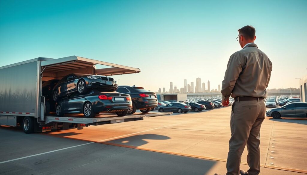 A bustling auto transport scene on a sunny day, showcasing a professional driver in a smart uniform, preparing vehicles for shipment. In the foreground, a modern car carrier truck is being loaded with stylish sedans and SUVs, while the middle ground features a spacious loading area filled with additional vehicles awaiting transport. The background showcases the silhouette of Jacksonville TX's skyline under a clear blue sky, suggesting the journey ahead. Soft, warm lighting casts gentle shadows, creating a welcoming atmosphere. The angle is slightly elevated, capturing both the action of the loading process and a broad view of the transport depot, conveying efficiency and reliable service. A bustling auto transport scene on a sunny day, showcasing a professional driver in a smart uniform, preparing vehicles for shipment. In the foreground, a modern car carrier truck is being loaded with stylish sedans and SUVs, while the middle ground features a spacious loading area filled with additional vehicles awaiting transport. The background showcases the silhouette of Jacksonville TX's skyline under a clear blue sky, suggesting the journey ahead. Soft, warm lighting casts gentle shadows, creating a welcoming atmosphere. The angle is slightly elevated, capturing both the action of the loading process and a broad view of the transport depot, conveying efficiency and reliable service.