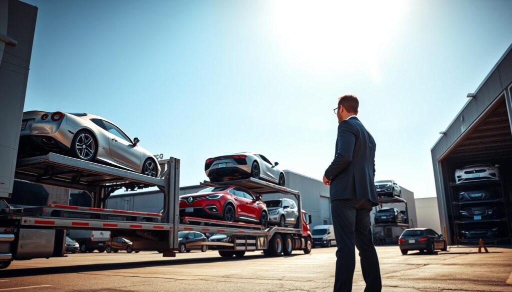 A bustling auto transport scene under a bright blue sky, showcasing a professional car shipping operation between Kingsville, TX, and Los Angeles. In the foreground, a modern car carrier truck, loaded with classic and contemporary vehicles, gleams in the sunlight. The middle ground reveals a logistics coordinator in a business suit, interacting with a client, both discussing the details of the auto transport process. In the background, a warehouse facility with additional parked transport vehicles and a loading dock filled with various cars. The lighting is warm and inviting, capturing the essence of a reliable service. The angle is slightly elevated, providing a comprehensive view of the entire operation, emphasizing professionalism and trustworthiness. A bustling auto transport scene under a bright blue sky, showcasing a professional car shipping operation between Kingsville, TX, and Los Angeles. In the foreground, a modern car carrier truck, loaded with classic and contemporary vehicles, gleams in the sunlight. The middle ground reveals a logistics coordinator in a business suit, interacting with a client, both discussing the details of the auto transport process. In the background, a warehouse facility with additional parked transport vehicles and a loading dock filled with various cars. The lighting is warm and inviting, capturing the essence of a reliable service. The angle is slightly elevated, providing a comprehensive view of the entire operation, emphasizing professionalism and trustworthiness.
