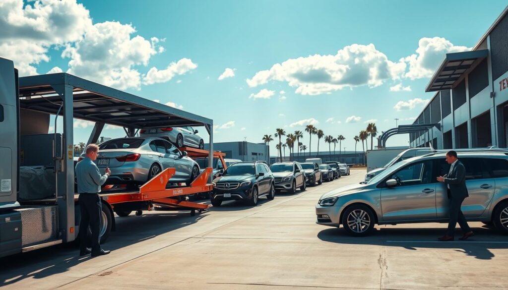 A bustling auto transport terminal, showcasing a car loading process. In the foreground, a professional driver in business attire carefully secures a sleek sedan onto a multi-car carrier while a second driver monitors the transport. In the middle ground, various vehicles, including SUVs and trucks, await loading, framed by structured ramps and delivery signage. The background features a bright blue sky with fluffy clouds, highlighting a modern warehouse and distant palm trees to signify the journey from College Station to Los Angeles. Soft, natural lighting casts gentle shadows, promoting a sense of order and efficiency. The atmosphere is one of professionalism and reliability, illustrating the seamless auto transport process. A bustling auto transport terminal, showcasing a car loading process. In the foreground, a professional driver in business attire carefully secures a sleek sedan onto a multi-car carrier while a second driver monitors the transport. In the middle ground, various vehicles, including SUVs and trucks, await loading, framed by structured ramps and delivery signage. The background features a bright blue sky with fluffy clouds, highlighting a modern warehouse and distant palm trees to signify the journey from College Station to Los Angeles. Soft, natural lighting casts gentle shadows, promoting a sense of order and efficiency. The atmosphere is one of professionalism and reliability, illustrating the seamless auto transport process.