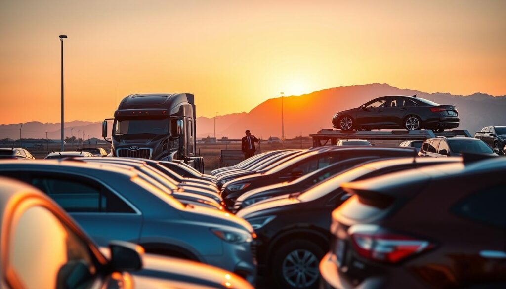 A bustling car shipping terminal at dawn, showcasing a variety of vehicles ready for transport. In the foreground, neatly lined cars in different colors and models, including sedans, SUVs, and trucks, reflect the early morning light. The middle ground features a large, modern transport truck loaded with vehicles, showcasing a professional driver in business attire adjusting straps. The background reveals the majestic mountains of Fort Stockton under a warm sunrise, with a clear sky transitioning from soft pinks to bright blues. The scene evokes a sense of reliability and professionalism in car shipping services, highlighting efficiency and organization. Soft, natural lighting enhances the atmosphere, creating a serene yet industrious mood.