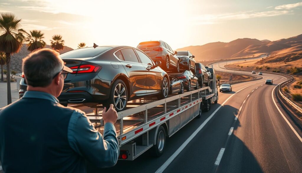 A bustling car transport scene illustrating the journey from Sacramento to Dallas. In the foreground, a professional driver in business attire is inspecting a sleek, polished car loaded onto an auto transport trailer, showcasing attention to detail and safety. In the middle ground, the trailer, stacked with various vehicles, gleams under soft afternoon sunlight, reflecting a sense of reliability and professionalism. The background features a winding highway, dotted with iconic Californian and Texan landscapes—palm trees on one side and rolling hills on the other—symbolizing connectivity between the two cities. The atmosphere is vibrant and confident, evoking a sense of security and speed associated with efficient car shipping. The overall shot should be taken from a slight aerial angle, capturing the expanse of the transport scene.